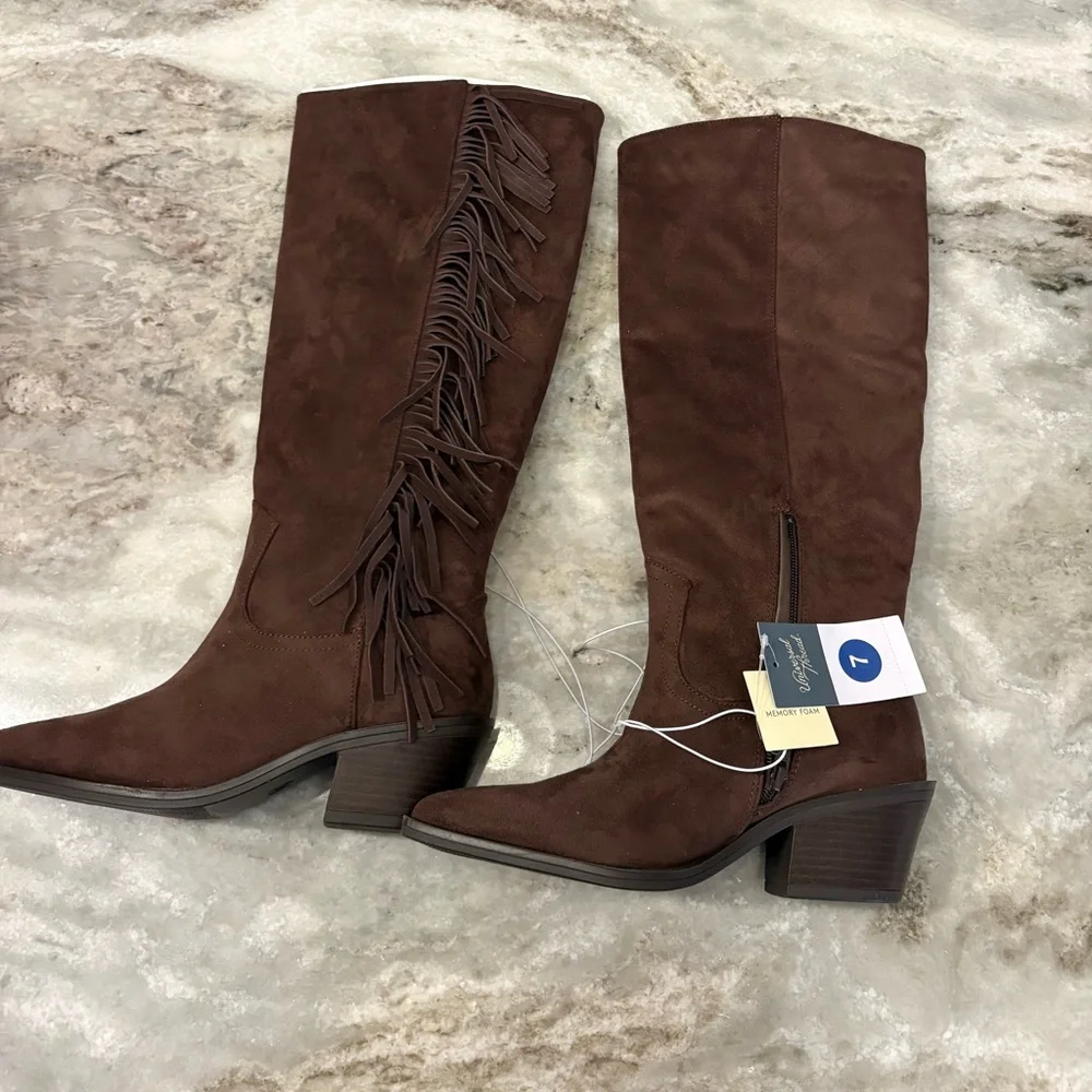 NWT Women’s Universal Thread Patsy Fringe Faux Suede Tall Western Boot - Brown 7